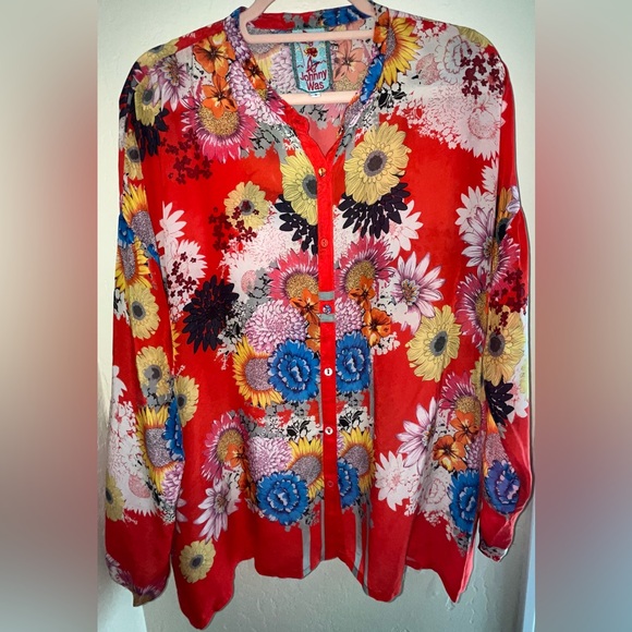 Johnny Was Red Long Sleeve Graphic Blouse - Picture 1 of 3